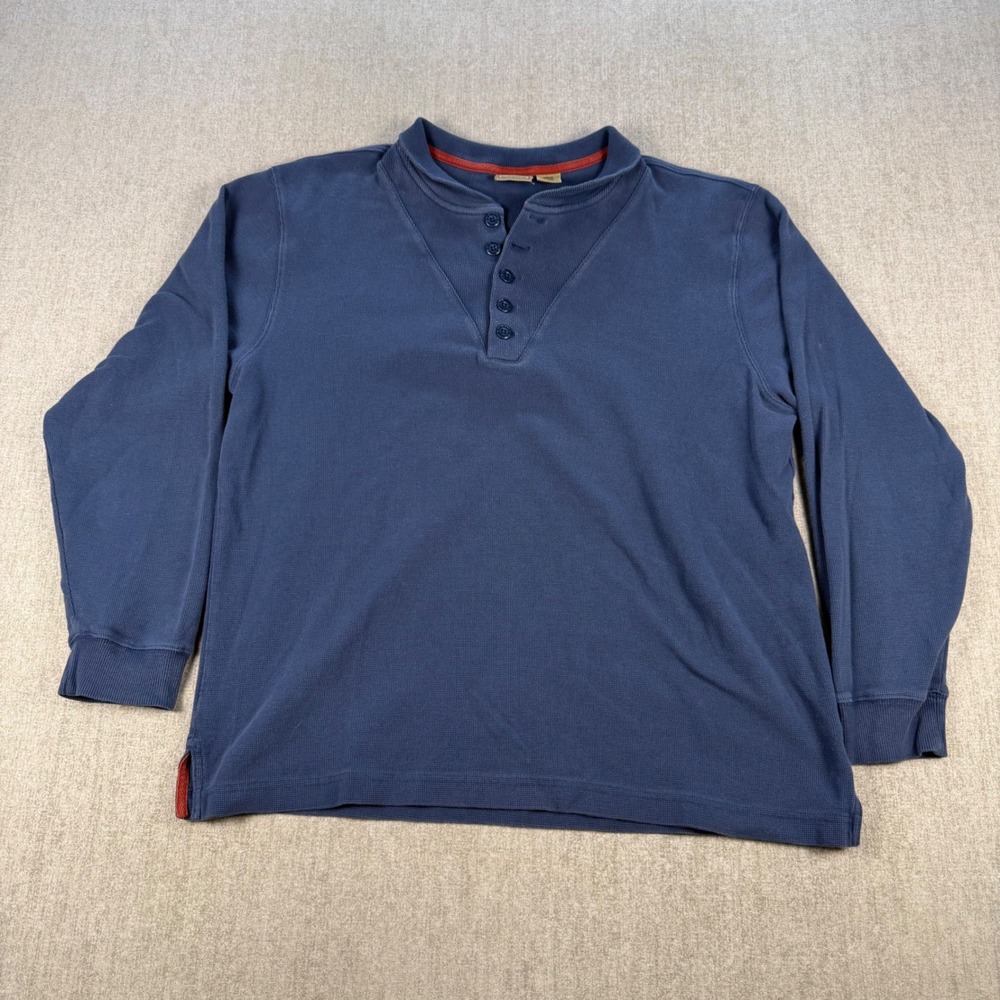 L.L. Bean Henley Shirt Mens Large Blue Long Sleeve Waffle Knit Cotton